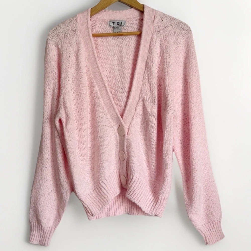 Vintage TOI Soft Pink Knit Cardigan Sweater Women's Medium Grandma Soft Girl